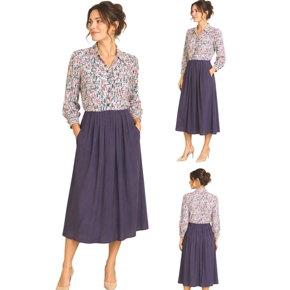 Vintage Handmade Abstract Mixed Media Midi Shirt Dress Pleated Pockets L/XL